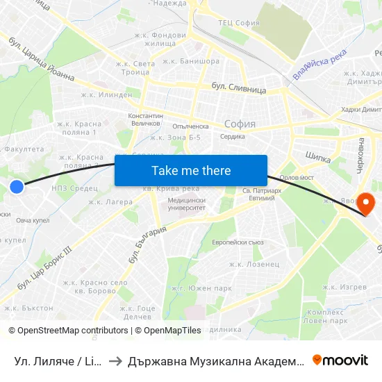 Ул. Лиляче / Lilyache St. (2032) to Държавна Музикална Академия - Инструментален Факултет map