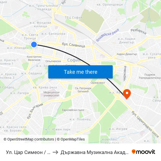 Ул. Цар Симеон / Tsar Simeon St. (2249) to Държавна Музикална Академия - Инструментален Факултет map