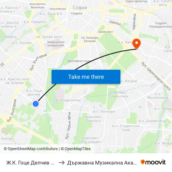 Ж.К. Гоце Делчев / Gotse Delchev Qr. (0600) to Държавна Музикална Академия - Инструментален Факултет map