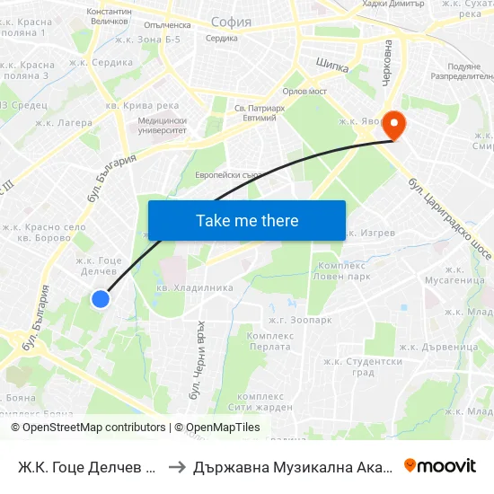 Ж.К. Гоце Делчев / Gotse Delchev Qr. (0599) to Държавна Музикална Академия - Инструментален Факултет map
