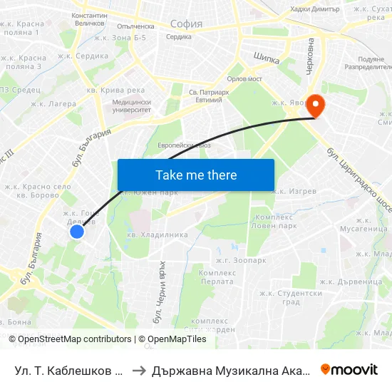 Ул. Т. Каблешков / T. Kableshkov St. (0490) to Държавна Музикална Академия - Инструментален Факултет map
