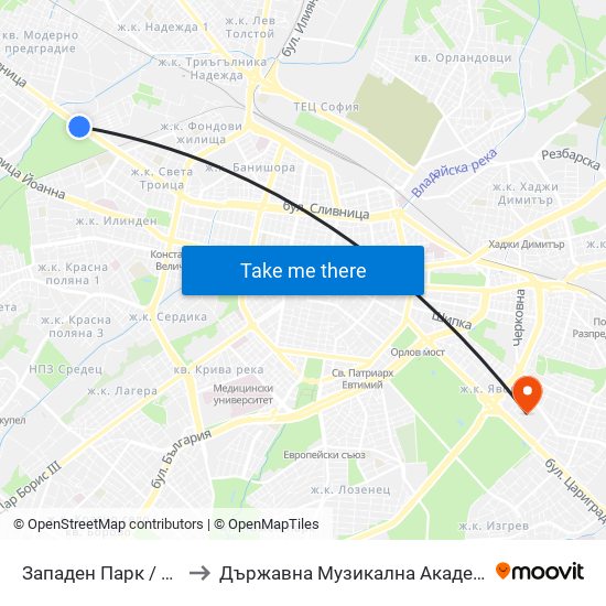 Западен Парк / Zapaden Park (1251) to Държавна Музикална Академия - Инструментален Факултет map