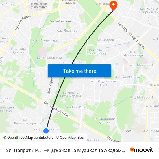 Ул. Папрат / Paprat St (6703) to Държавна Музикална Академия - Инструментален Факултет map