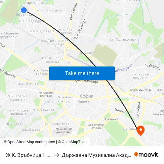 Ж.К. Връбница 1 / Vrabnitsa 1 Qr. (2579) to Държавна Музикална Академия - Инструментален Факултет map