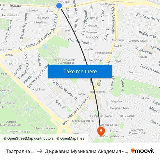 Театрална / Teatralna to Държавна Музикална Академия - Инструментален Факултет map