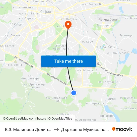 👋 В.З. Малинова Долина / Malinova Dolina Village Zone (2824) to Държавна Музикална Академия - Инструментален Факултет map