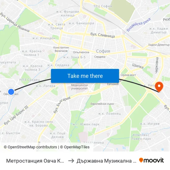 Ⓜ️ Метростанция Овча Купел / Ovcha Kupel Metro Station (6037) to Държавна Музикална Академия - Инструментален Факултет map