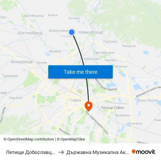 👋 Летище Добославци / Dobroslavtsi Airport (1003) to Държавна Музикална Академия - Инструментален Факултет map