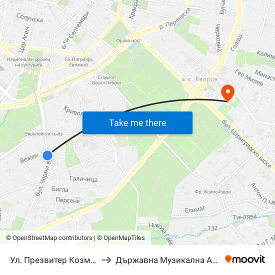 Ул. Презвитер Козма / Cosmas the Priest St. (6614) to Държавна Музикална Академия - Инструментален Факултет map