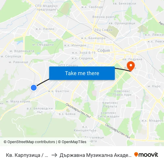 Кв. Карпузица / Karpuzitsa Qr. (6644) to Държавна Музикална Академия - Инструментален Факултет map