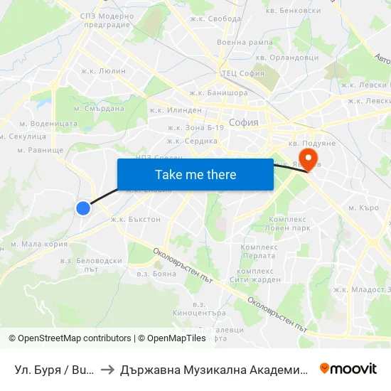Ул. Буря / Burya St. (6621) to Държавна Музикална Академия - Инструментален Факултет map