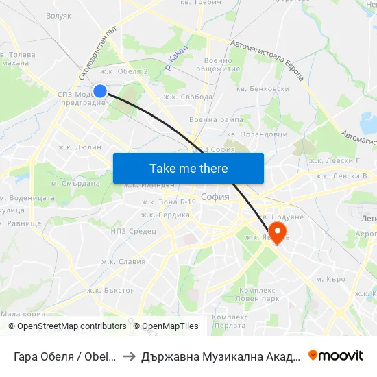 Гара Обеля / Obelya Train Station (6653) to Държавна Музикална Академия - Инструментален Факултет map
