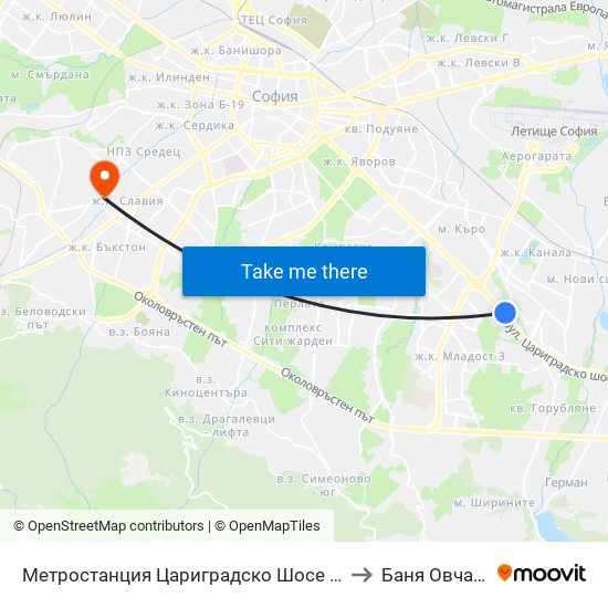 Метростанция Цариградско Шосе / Tsarigradsko Shosse Metro Station (1016) to Баня Овча Купел (Бивша) map