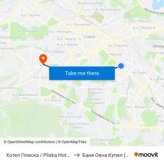 Хотел Плиска / Pliska Hotel (2326) to Баня Овча Купел (Бивша) map
