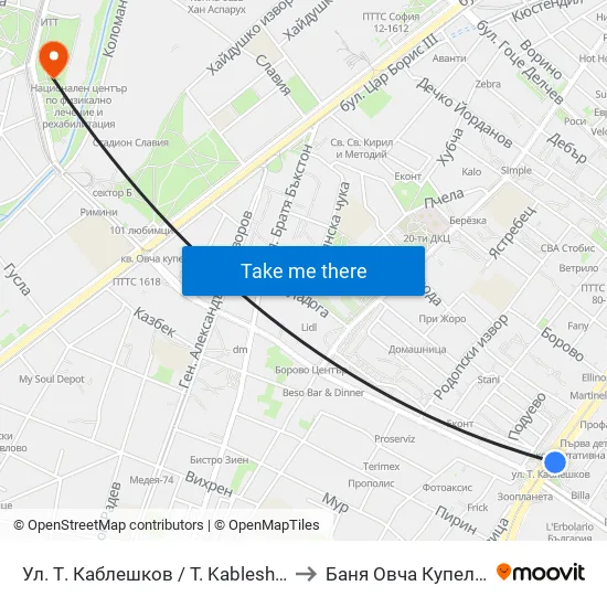Ул. Т. Каблешков / T. Kableshkov St. (2213) to Баня Овча Купел (Бивша) map