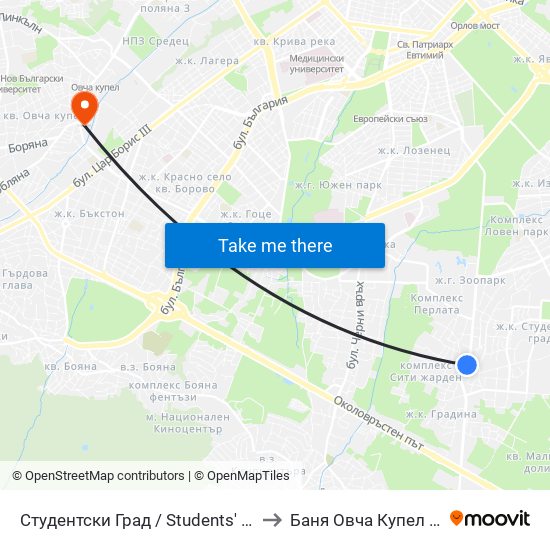 Студентски Град / Students' Town (2382) to Баня Овча Купел (Бивша) map