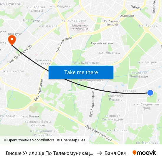 Висше Училище По Телекомуникации / University Of Telecommunications And Post (1397) to Баня Овча Купел (Бивша) map