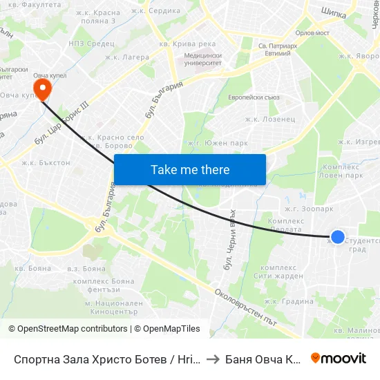 Спортна Зала Христо Ботев / Hristo Botev Sports Hall (1611) to Баня Овча Купел (Бивша) map