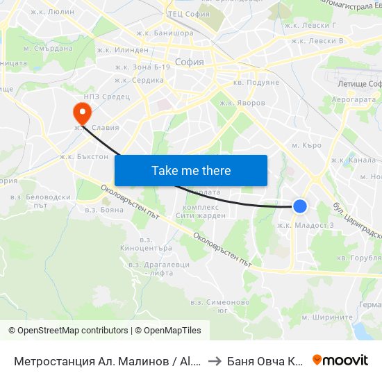 Метростанция Ал. Малинов / Al. Malinov Metro Station (0170) to Баня Овча Купел (Бивша) map