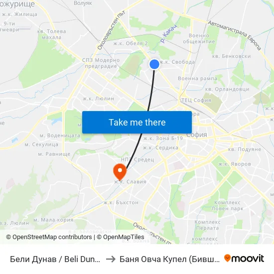 Бели Дунав / Beli Dunav to Баня Овча Купел (Бивша) map