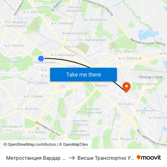 Ⓜ️ Метростанция Вардар / Vardar Metro Station (1044) to Висше Транспортно Училище Тодор Каблешков map