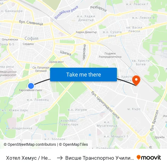 Ⓜ️ Хотел Хемус / Hemus Hotel (2330) to Висше Транспортно Училище Тодор Каблешков map