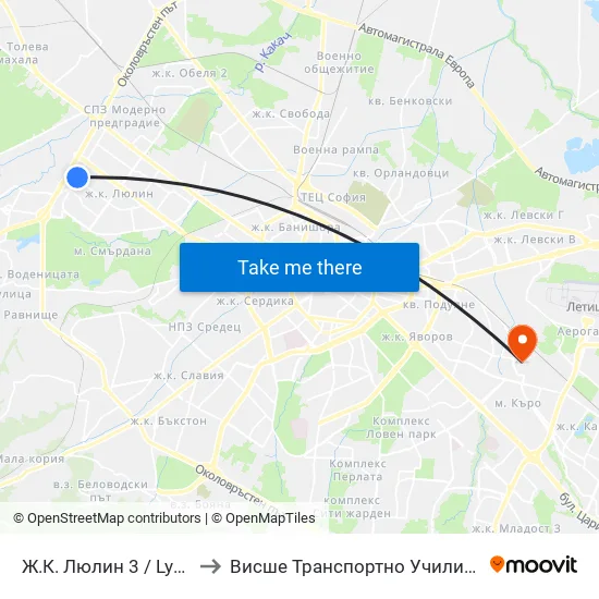 Ж.К. Люлин 3 / Lyulin 3 Qr. (0651) to Висше Транспортно Училище Тодор Каблешков map