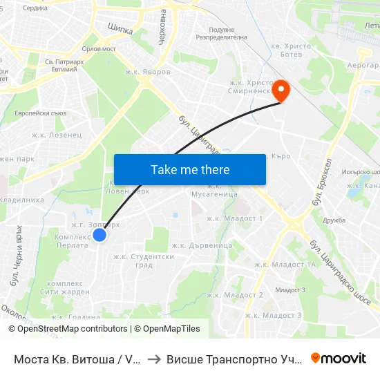 Моста Кв. Витоша / Vitosha the Bridge (1076) to Висше Транспортно Училище Тодор Каблешков map