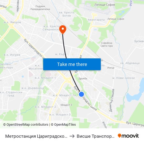 Метростанция Цариградско Шосе / Tsarigradsko Shosse Metro Station (1016) to Висше Транспортно Училище Тодор Каблешков map