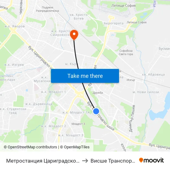 Ⓜ️ Метростанция Цариградско Шосе / Tsarigradsko Shosse Metro Station (1016) to Висше Транспортно Училище Тодор Каблешков map