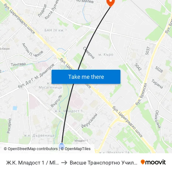 Ж.К. Младост 1 / Mladost 1 Qr. (0661) to Висше Транспортно Училище Тодор Каблешков map