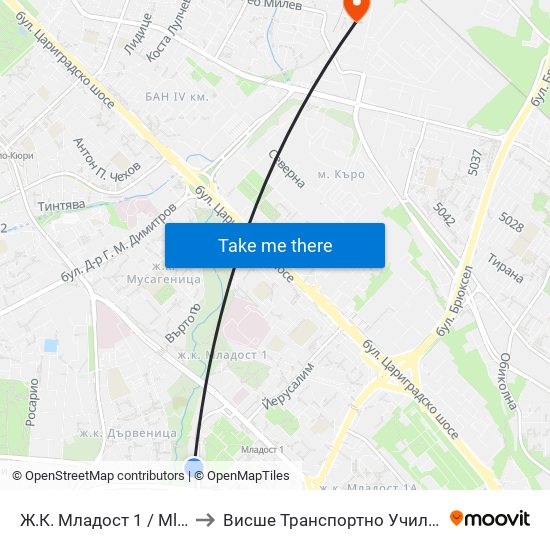 Ж.К. Младост 1 / Mladost 1 Qr. (0662) to Висше Транспортно Училище Тодор Каблешков map