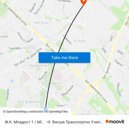 Ж.К. Младост 1 / Mladost 1 Qr. (0662) to Висше Транспортно Училище Тодор Каблешков map