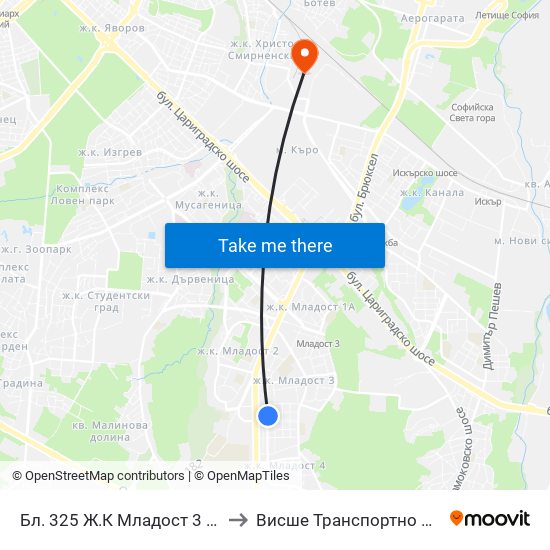 Бл. 325 Ж.К Младост 3 / Bl. 325, Mladost 3 Qr. (2489) to Висше Транспортно Училище Тодор Каблешков map