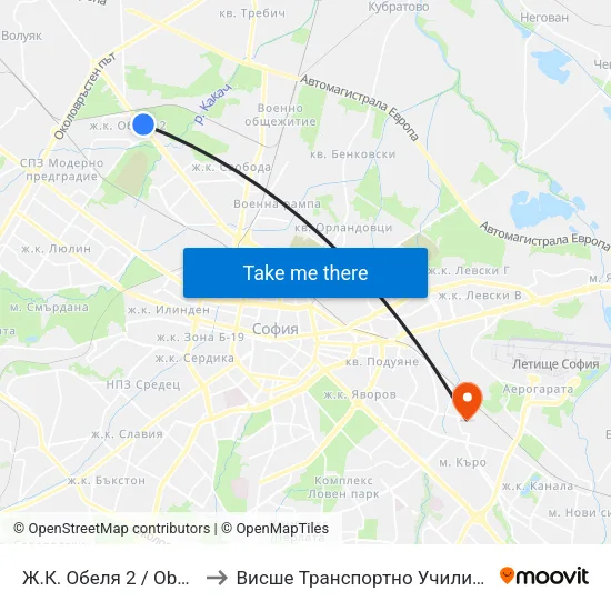 Ж.К. Обеля 2 / Obelya 2 Qr. (0678) to Висше Транспортно Училище Тодор Каблешков map
