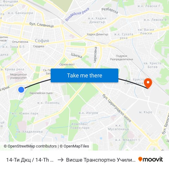 14-Ти Дкц / 14-Th Polyclinic (0011) to Висше Транспортно Училище Тодор Каблешков map