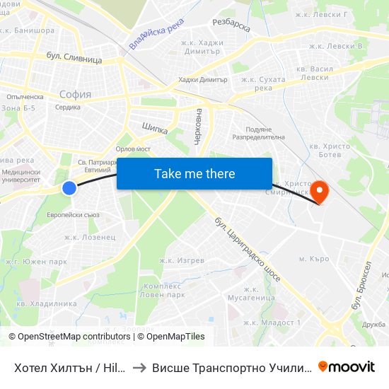 Хотел Хилтън / Hilton Hotel (0397) to Висше Транспортно Училище Тодор Каблешков map