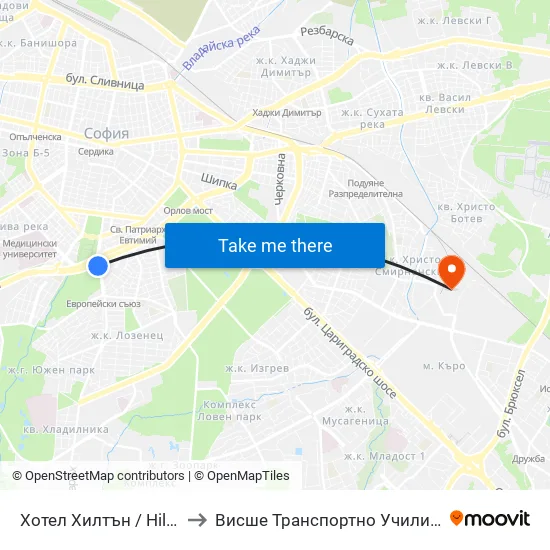 Хотел Хилтън / Hilton Hotel (0397) to Висше Транспортно Училище Тодор Каблешков map