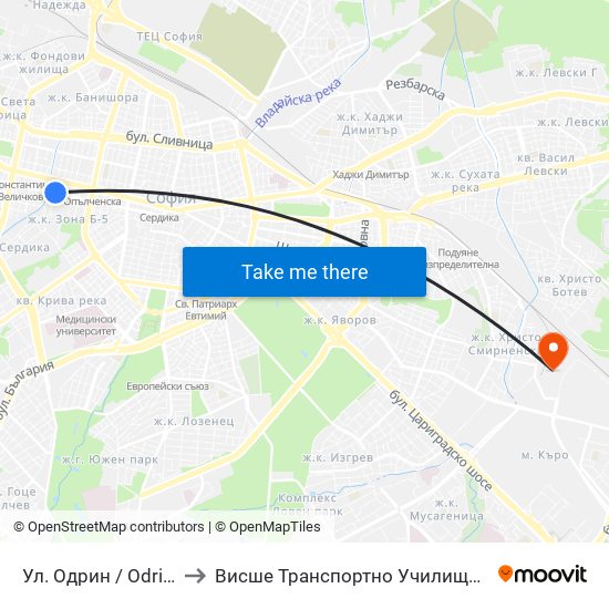Ул. Одрин / Odrin St. (2076) to Висше Транспортно Училище Тодор Каблешков map