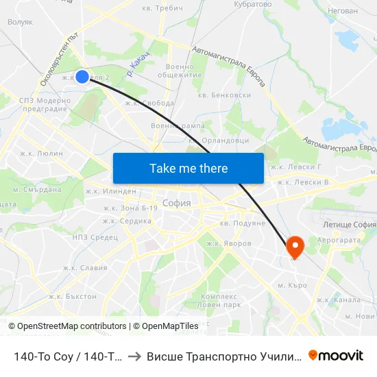 140-То Соу / 140-Th School (0013) to Висше Транспортно Училище Тодор Каблешков map