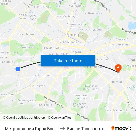 Ⓜ️ Метростанция Горна Баня / Gorna Banya Metro Station (0685) to Висше Транспортно Училище Тодор Каблешков map