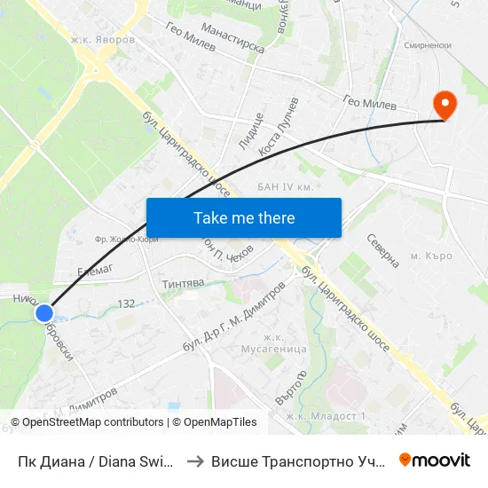 Пк Диана / Diana Swimming Complex (1343) to Висше Транспортно Училище Тодор Каблешков map