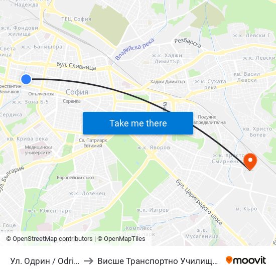 Ул. Одрин / Odrin St. (2077) to Висше Транспортно Училище Тодор Каблешков map