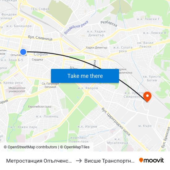 Метростанция Опълченска / Opalchenska Metro Station (1058) to Висше Транспортно Училище Тодор Каблешков map