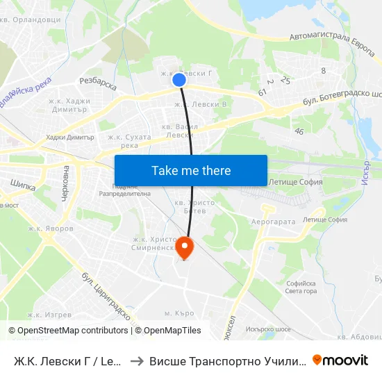 Ж.К. Левски Г / Levski G Qr. (0660) to Висше Транспортно Училище Тодор Каблешков map