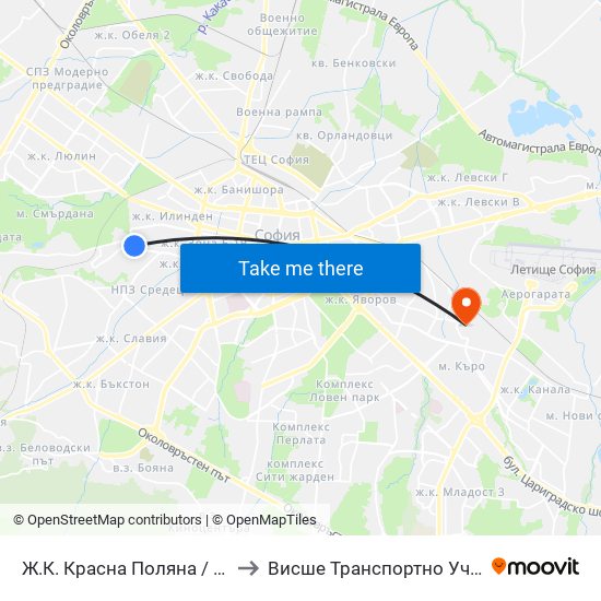 Ж.К. Красна Поляна / Krasna Polyana Qr. (2162) to Висше Транспортно Училище Тодор Каблешков map