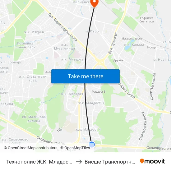 Технополис Ж.К. Младост 4 / Technopolis Mladost 4 Qr. (2495) to Висше Транспортно Училище Тодор Каблешков map