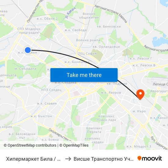 Хипермаркет Била / Billa Hypermarket (2681) to Висше Транспортно Училище Тодор Каблешков map