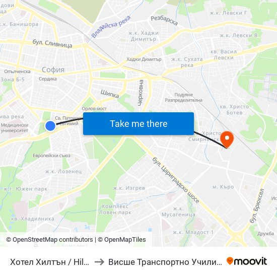 Хотел Хилтън / Hilton Hotel (0396) to Висше Транспортно Училище Тодор Каблешков map