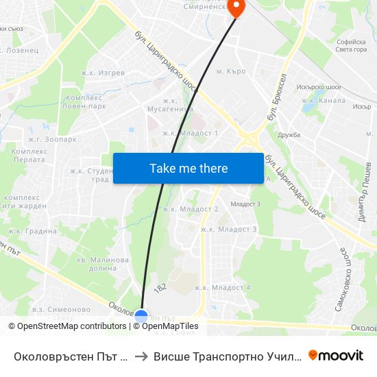 🛍️ Околовръстен Път / Ring Road (0415) to Висше Транспортно Училище Тодор Каблешков map